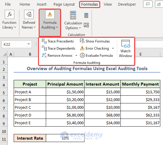 Overview of how to audit formulas using Excel auditing tools