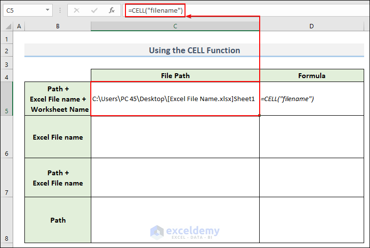 Using the CELL Function to get the Excel File Path