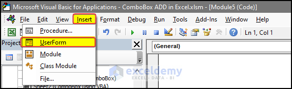 Userform addition in the Excel editor window.