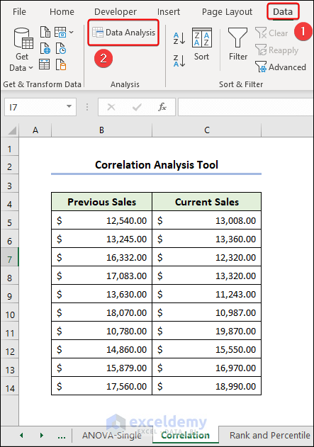 Accessing Data Analysis for Correlation data analysis ToolPak in Excel