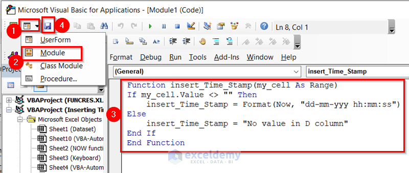 Create Function with VBA for Timestamp