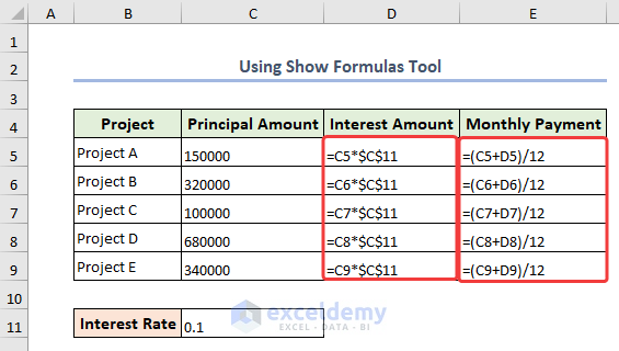 Final result with displaying formulas inside the spreadsheet