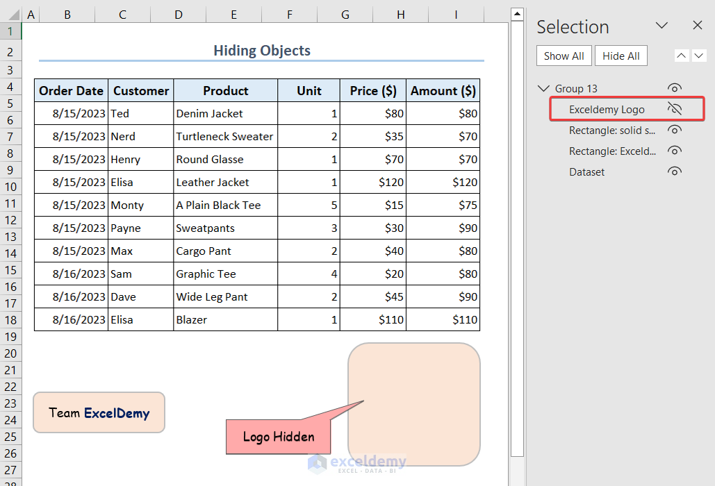 Hiding an object from the selection pane