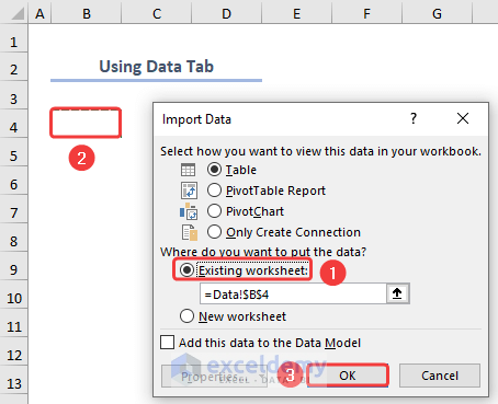 Selecting a new location inside the worksheet to import data