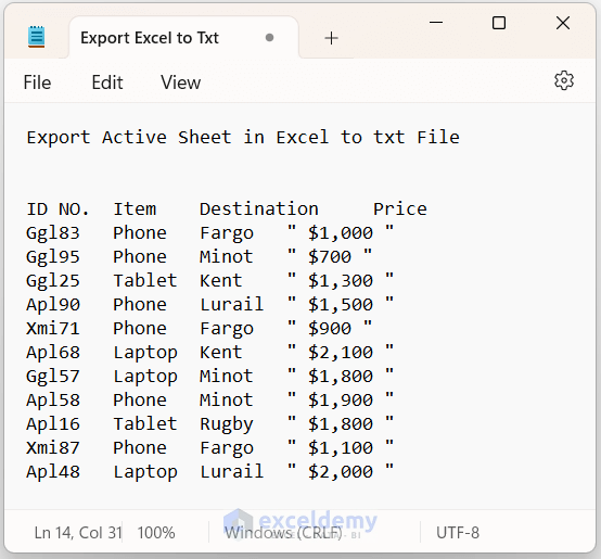 Output After Excel Active Sheet Exported to txt