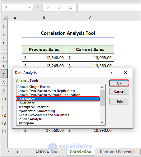 Using Correlation option in Data Analysis