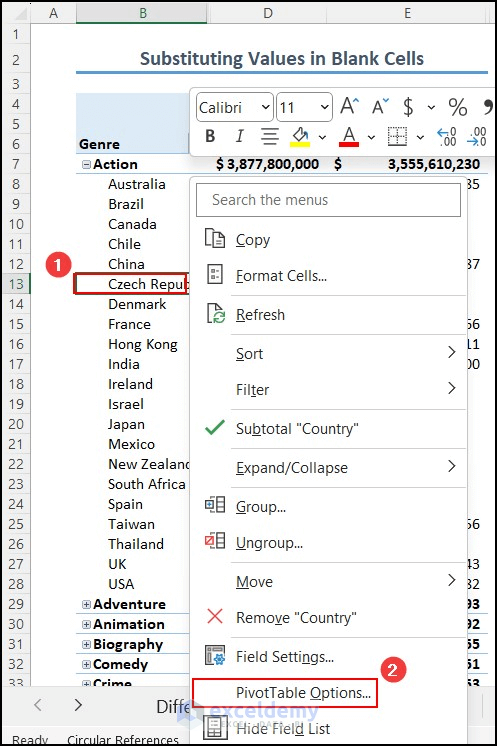 PivotTable Options to substitute values in blank cells