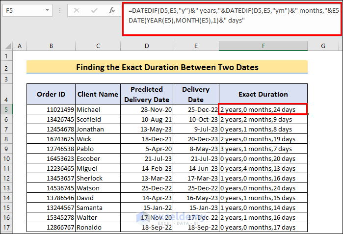excel formula for duration between two dates in Excel