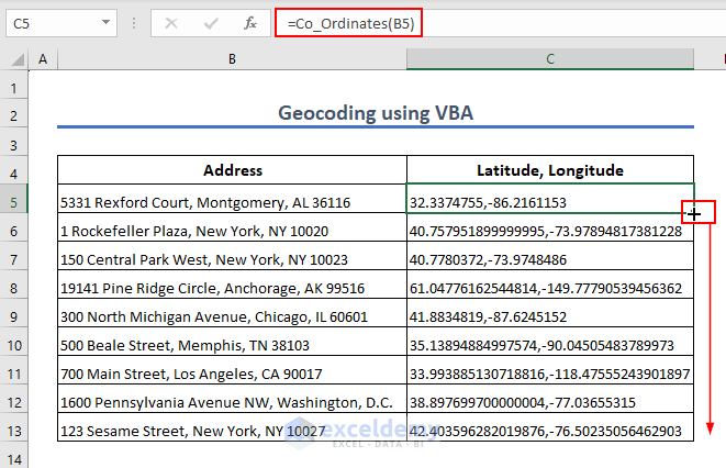 formula for geocoding with VBA