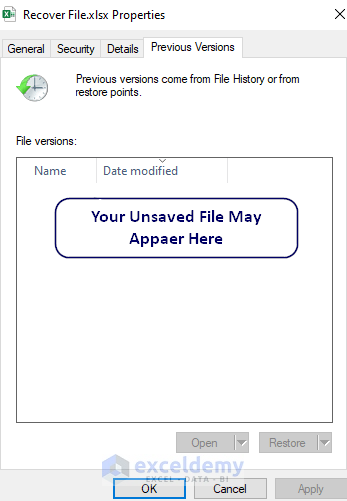 Showing previous versions file location