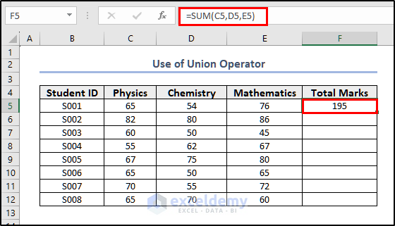 Using SUM Function with Union (,) operator