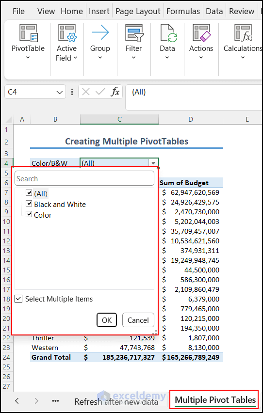 Filtering option in PivotTable