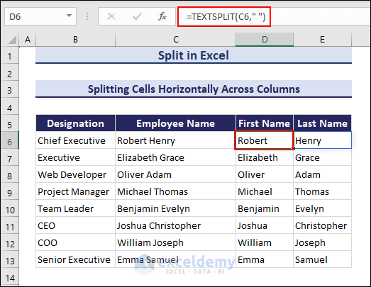 Applying the TEXTSPLIT function horizontally to split in Excel
