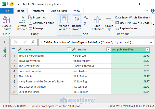Opening the Power Query Editor to edit the imported data