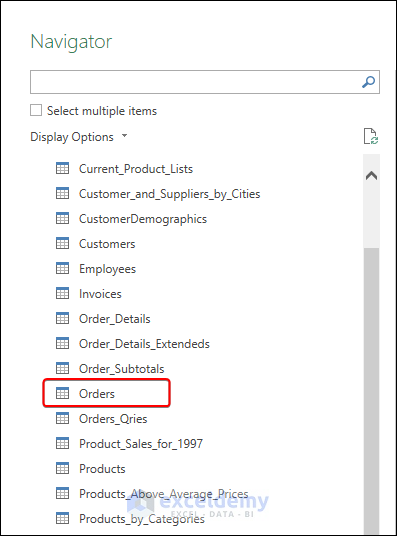 Selecting Orders table from Display Options for Power Query multiple sources in one query
