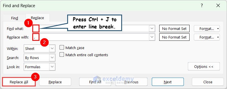 Removing line break in Excel using Find and Replace feature