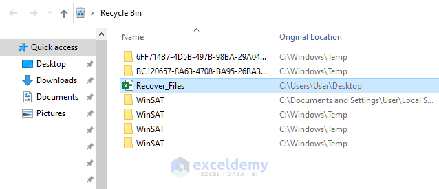 Showing deleted Excel file in Recycle bin