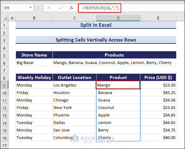 Applying TEXTSPLIT function vertically to split in Excel