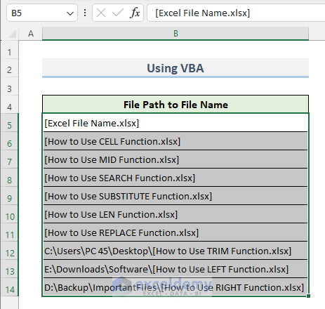Excel file name after running the VBA code