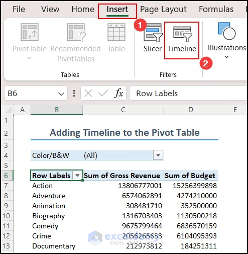 Adding timeline in PivotTable from Insert tab