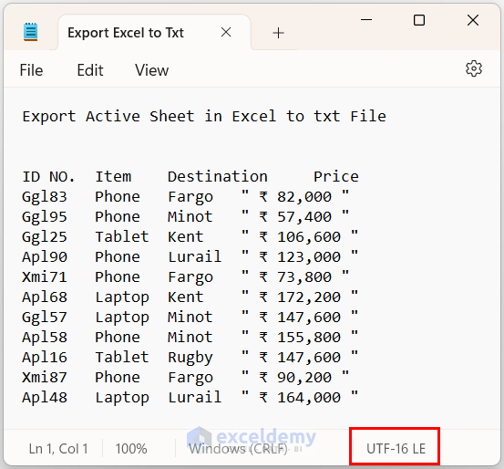 Output After Exporting Excel Sheet with Rupee Symbol to Unicode Text