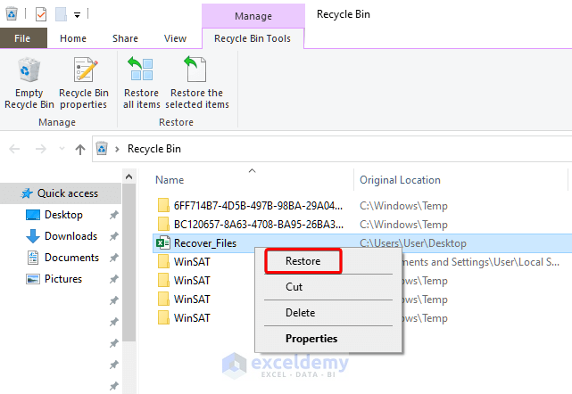 Restoring deleted file from Recycle bin