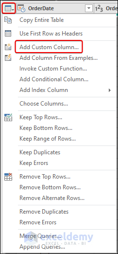 Adding column using Add Custom Column