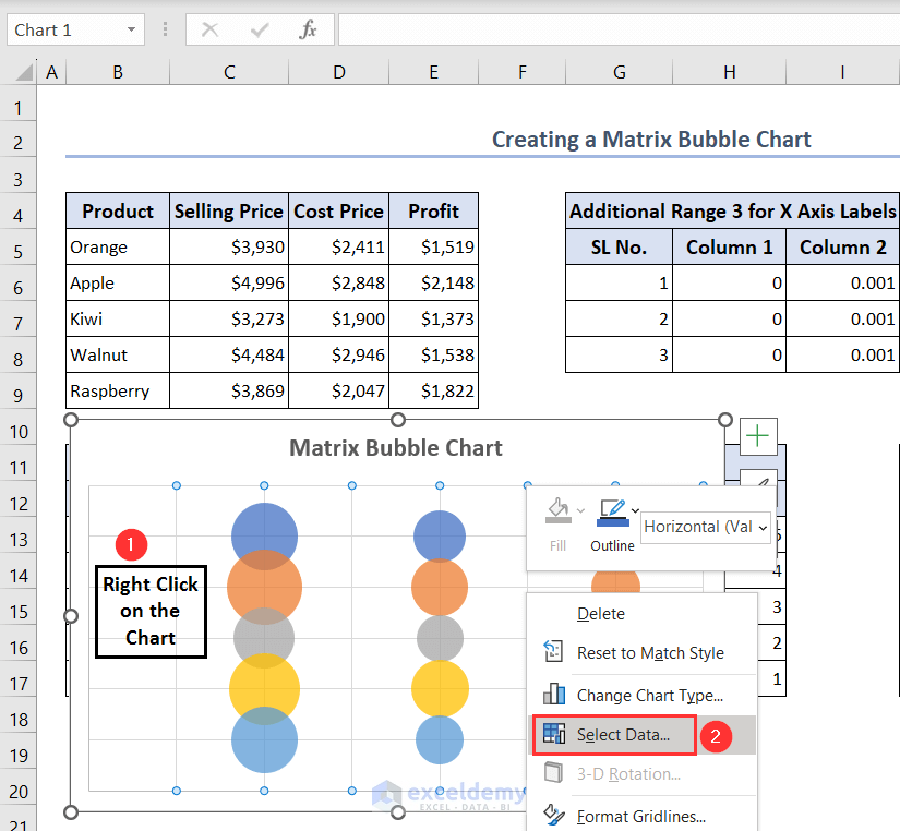 Choosing Select Data option from Context menu to add data series on Bubble chart