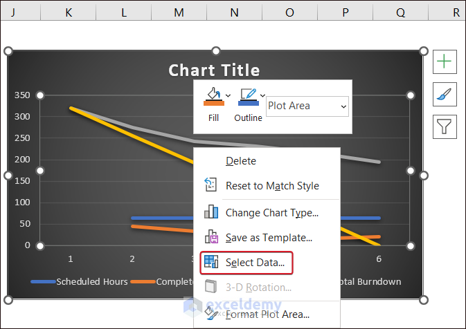 Picking Select Data Option to create as Excel advanced charting