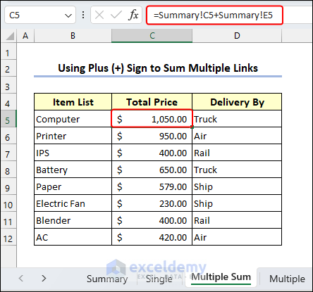 Total price appears in C5 for linking in Excel