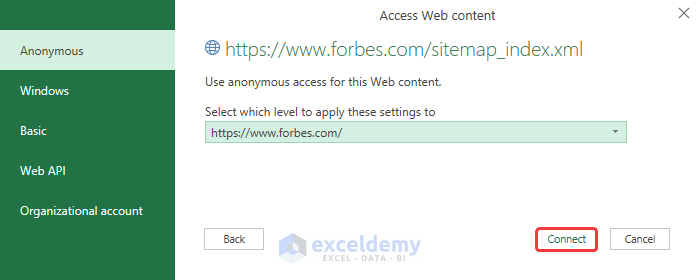 Clicking Connect from the Access Web content window