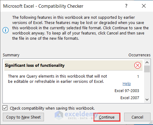 Clicking Continue button at Compatibility Checker window