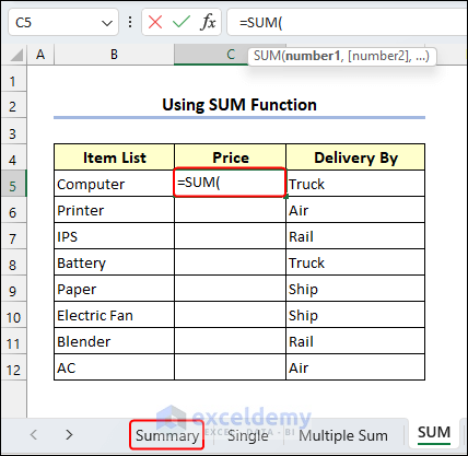 Using SUM function in C5 of SUM sheet