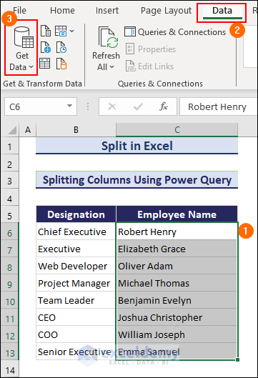Applying power query to split in Excel