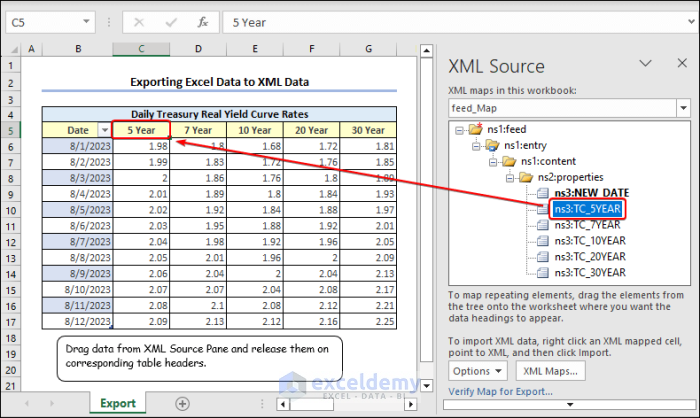 Dragging data to XML Source to worksheet