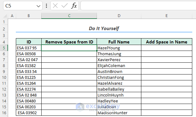 Practice Section to remove/add space in Excel.