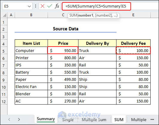 Selecting SUM components in the Summary sheet
