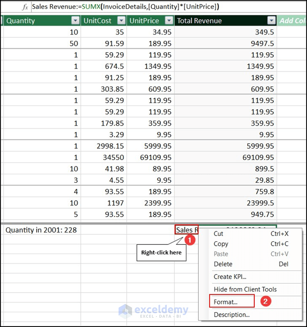 result of SUMX formula in power pivot
