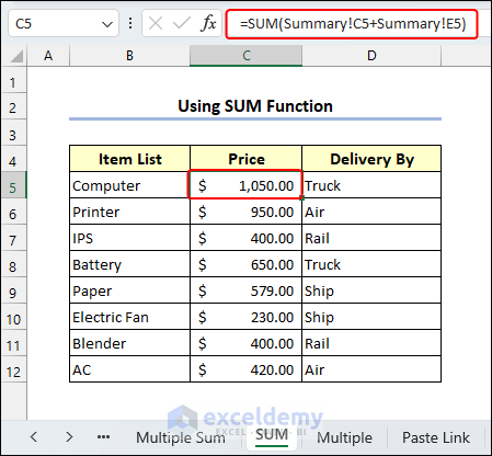 Summation of 2 columns appears in SUM sheet