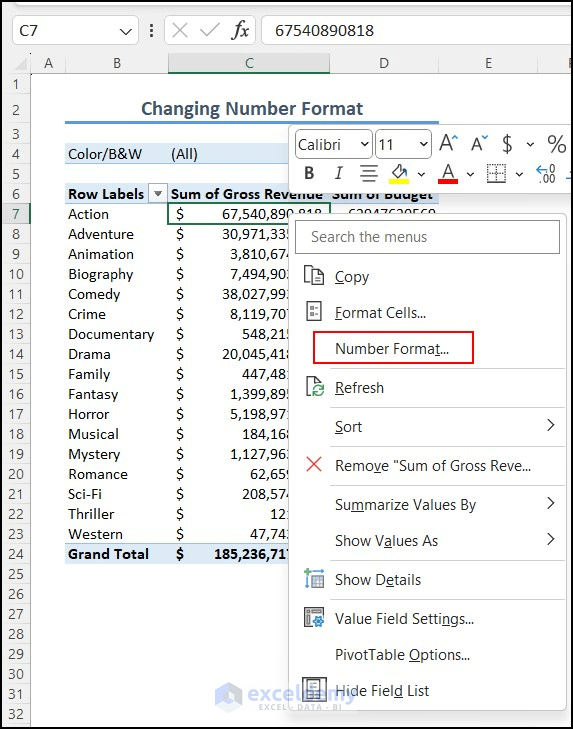 Selecting Number Format in PivotTable