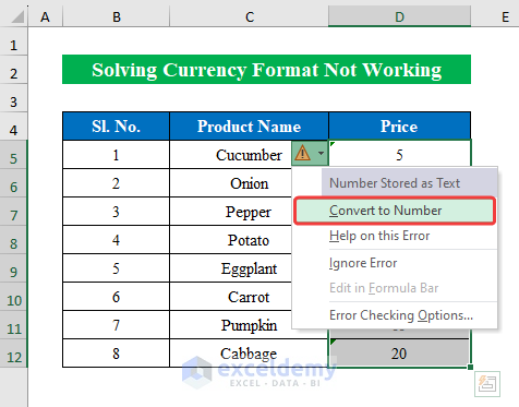 Converting values to numbers by clicking the error icon