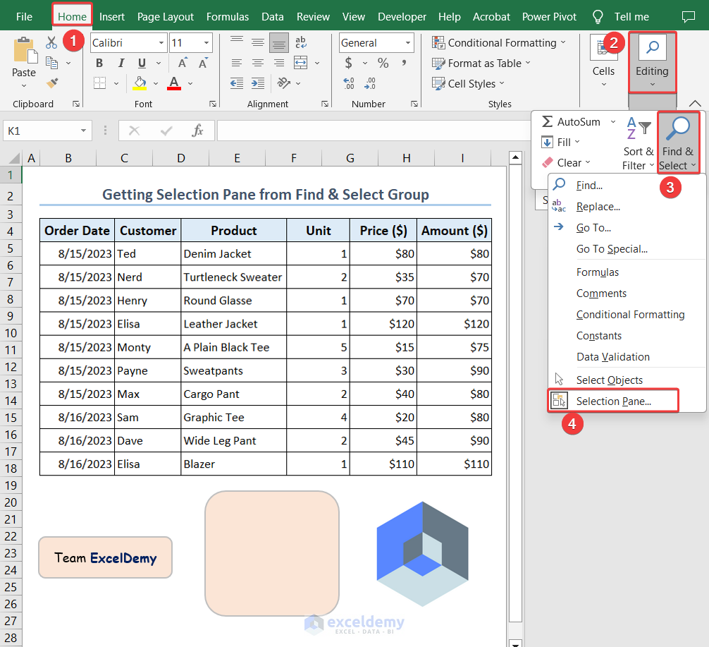Getting Excel Selection Pane from the Find and Select command of the Home Tab