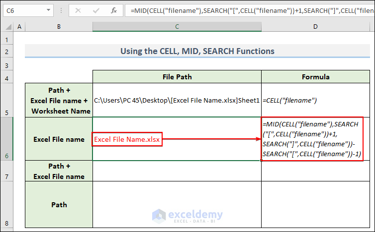 Using the CELL, MID, and SEARCH Functions to get the Excel File Name