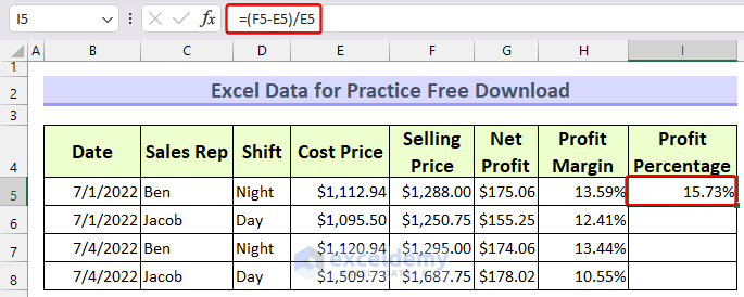 calculating profit percentage in Excel