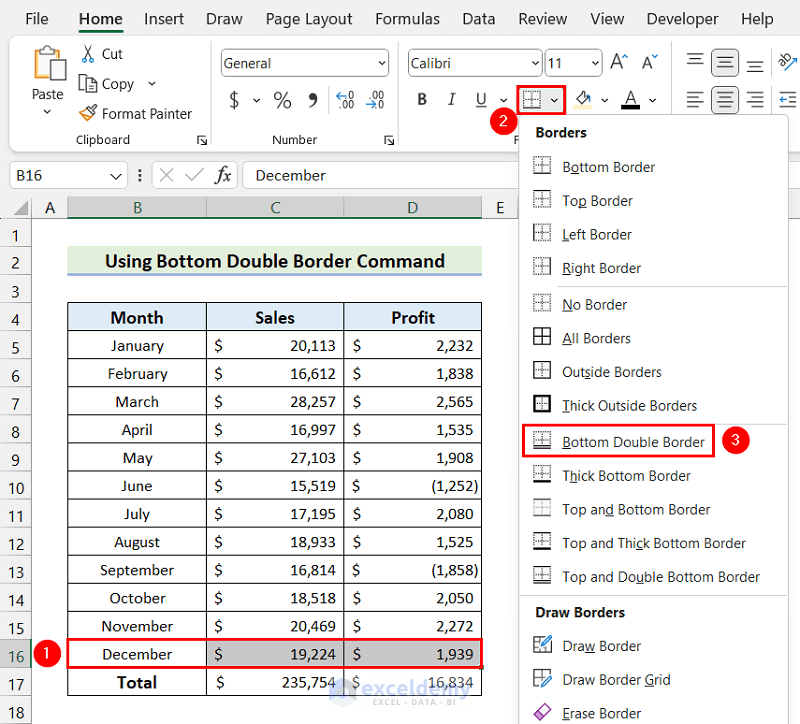 Applying Bottom Double Border Command from Font Toolbar in Excel