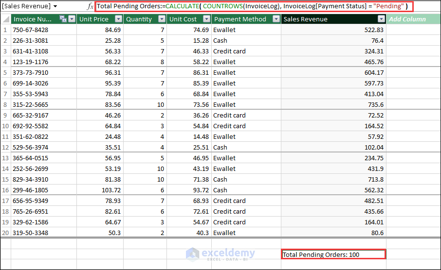 Applying CALCULATE function to get total pending orders
