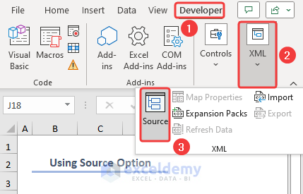 Clicking the Source option from the Developer tab
