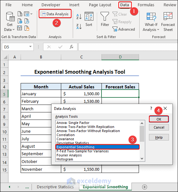 Exponential Smoothing option in Data Analysis