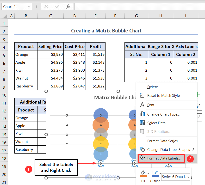 Formatting data labels to add labels for axes of Matrix Bubble Chart
