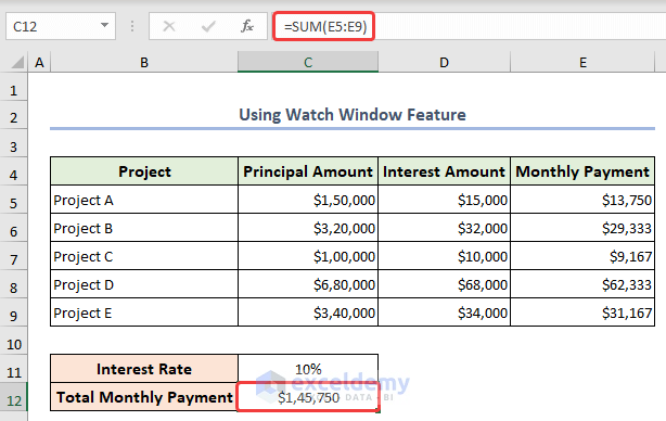 Formula of SUM function to calculate sum of monthly payment